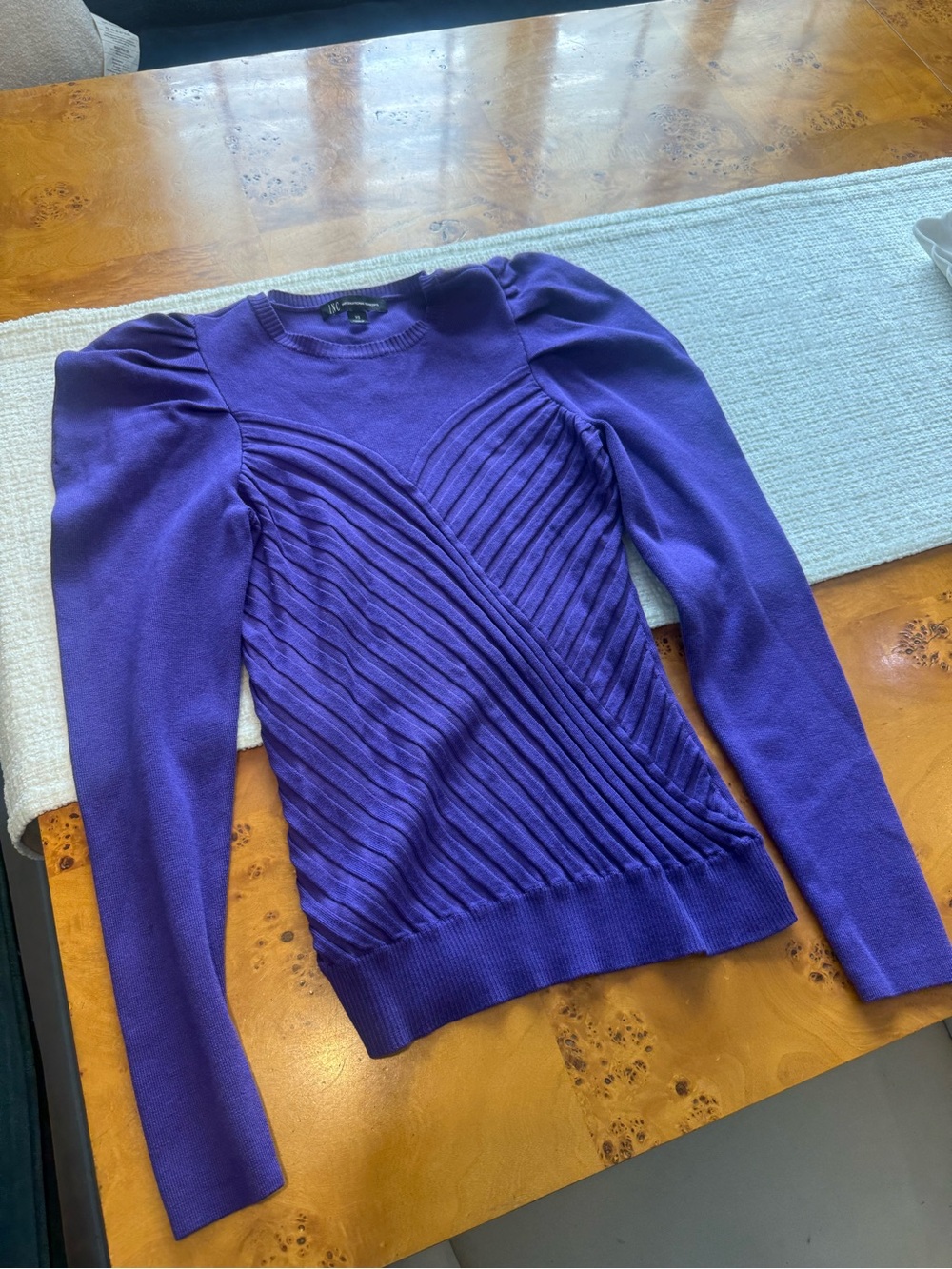 INC International Concepts Purple Ribbed Puff-Shoulder Sweater